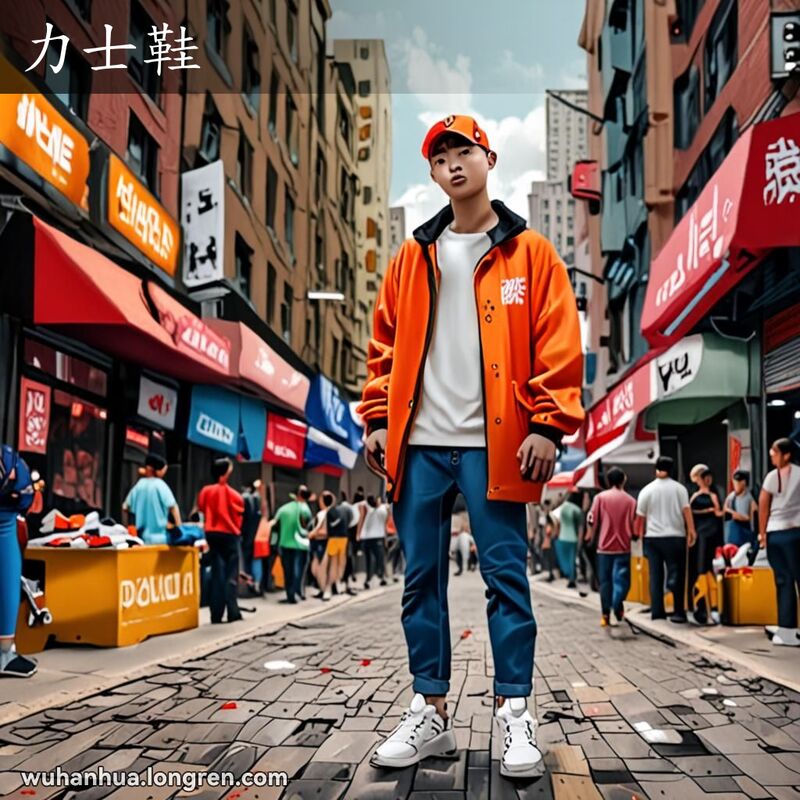 一位武汉年轻人穿着力士鞋站在繁忙的街道上，背景是武汉市区的热闹街景。