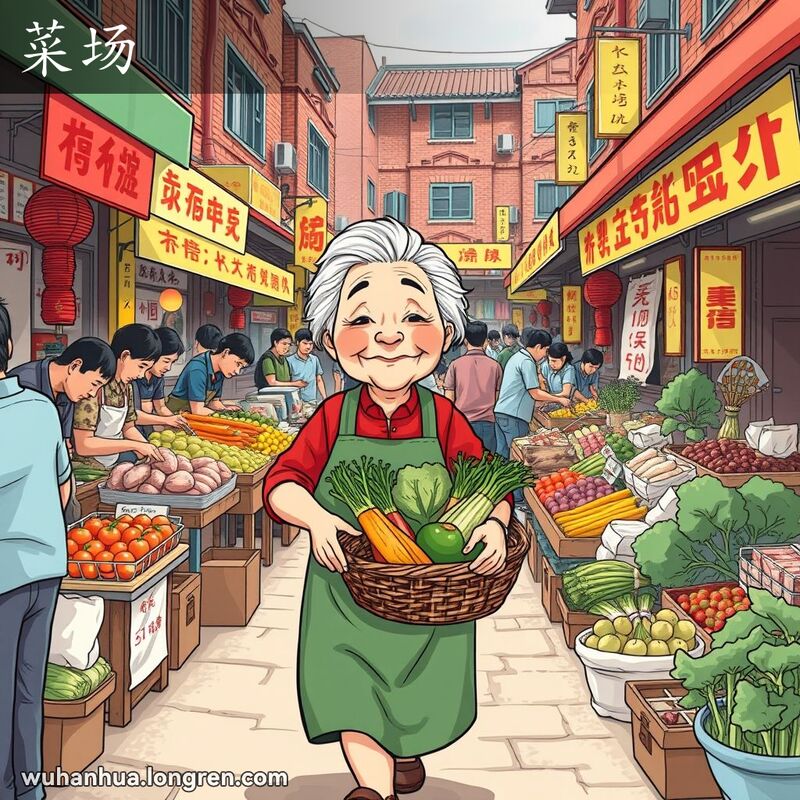 一位老妇人在武汉菜市场购物，周围是各种摊位和热情的摊贩，背景是武汉老街景。