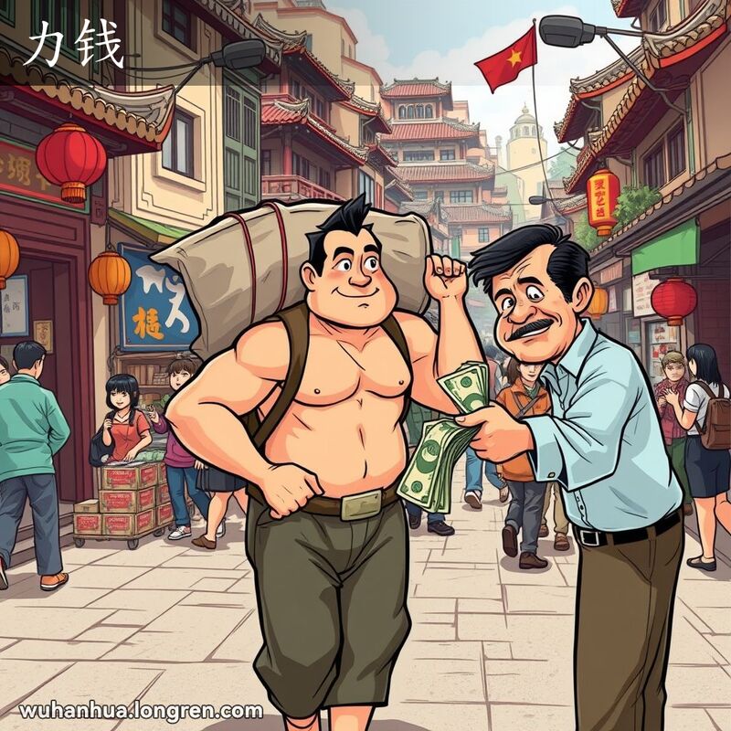 一位强壮的搬运工在武汉街头背着货物，接收报酬，背景是繁忙的老街景