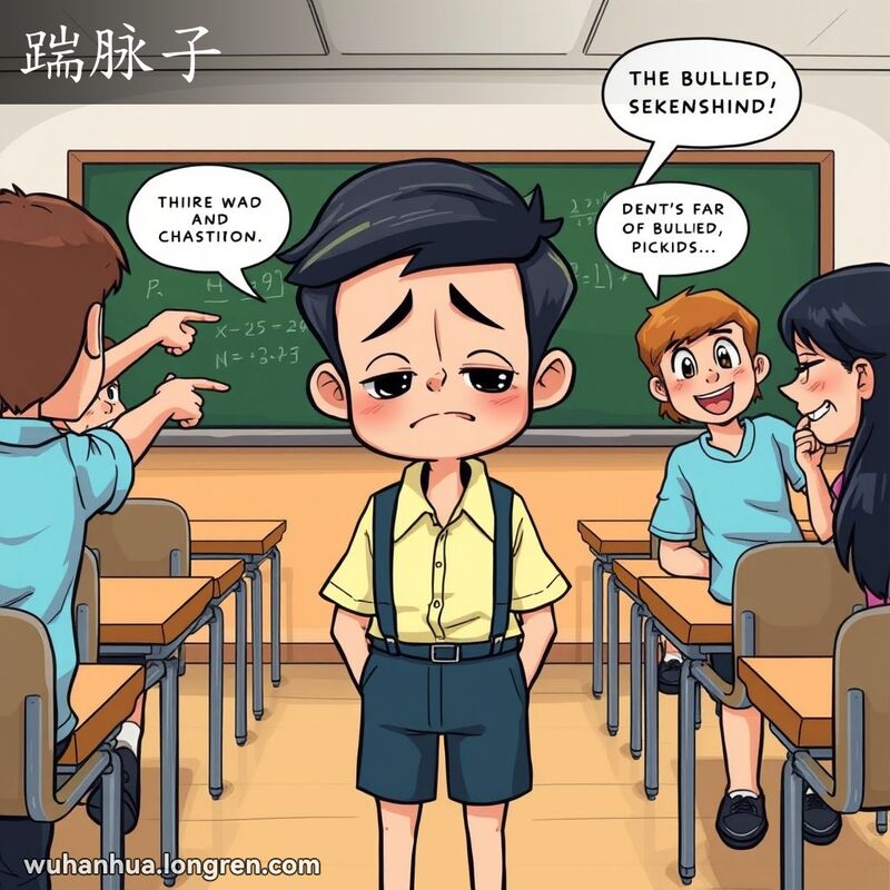 一位穿校服的学生在教室里被其他学生嘲笑，表情沮丧，显得无助和受欺负。