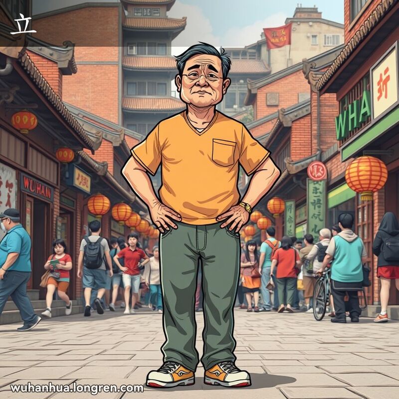 一位中年男子站在武汉街头，双手叉腰，神情略显疲惫但坚定，背景是武汉老街景