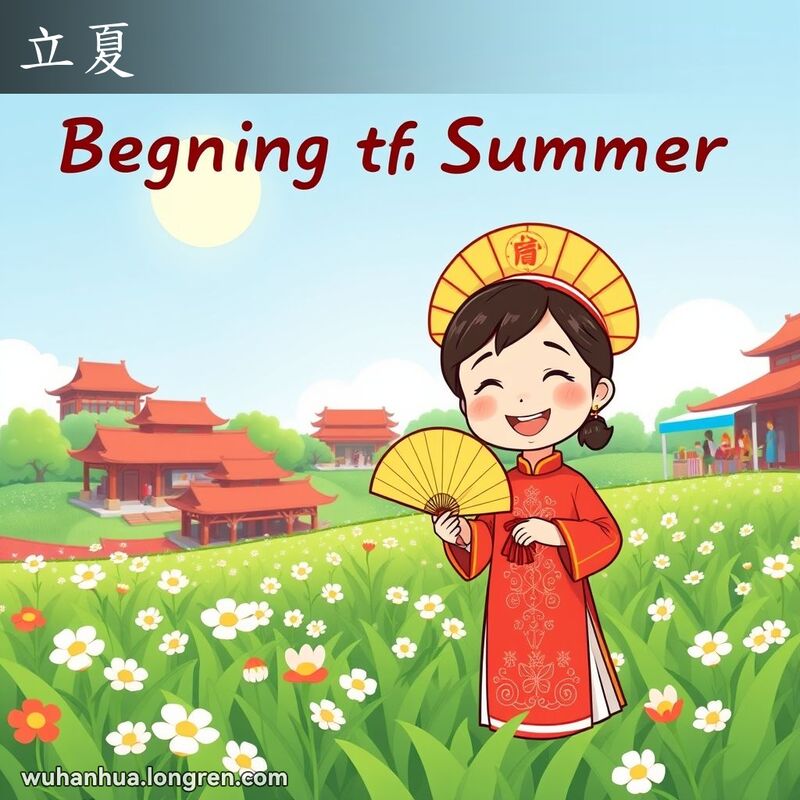 武汉市民在立夏节气到来时，站在绿油油的田野中，手持扇子，脸上带着喜悦的表情，背景是晴朗的蓝天和灿烂的阳光。