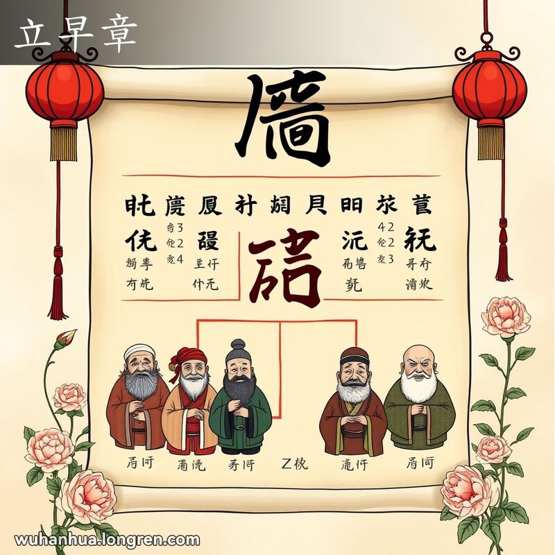 传统中国家谱卷轴，顶部写有古代汉字“章”，下方拆解成组成部分，突出“早”字，周围有红灯笼和牡丹装饰