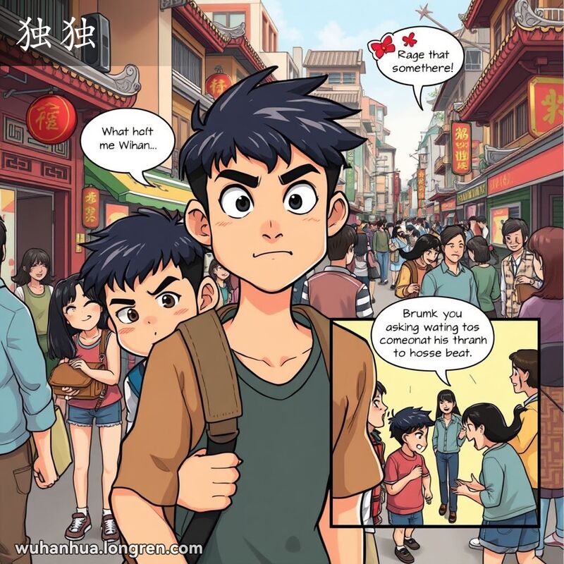 武汉街头，年轻人被朋友拦住，背景中一群人聊天，一人表情不同，另一场景年轻人惊讶遇到打听的人