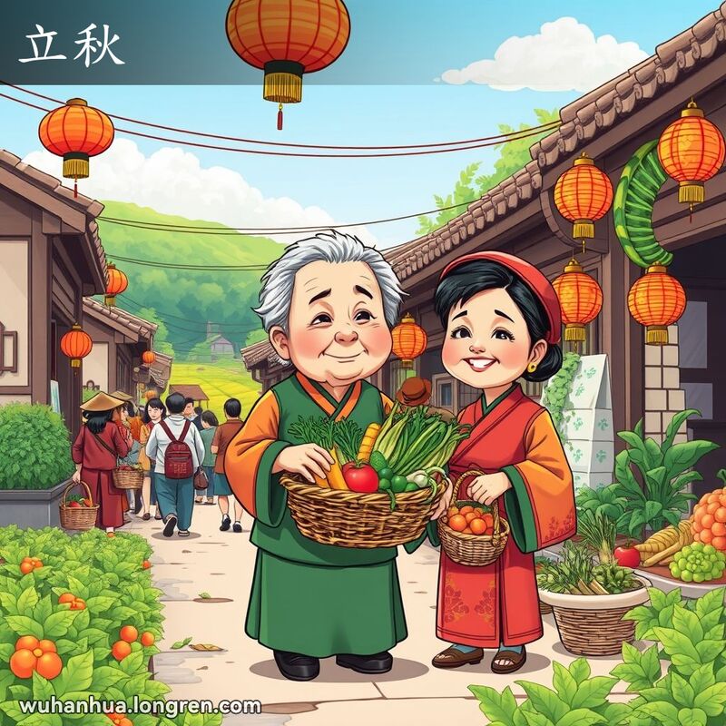 武汉传统街道在立秋节气的热闹景象，老妇人手持新鲜蔬菜，背景是绿意盎然的田野和成熟的庄稼，街道上人们忙碌，屋檐下挂着灯笼。