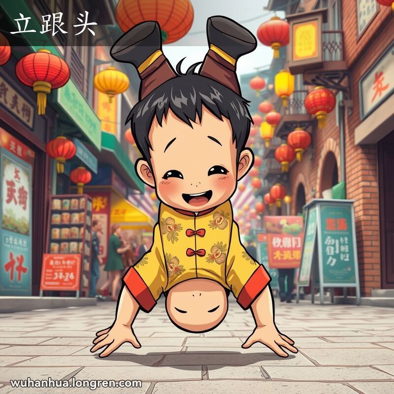 一个孩子在武汉街头表演倒立，背景有小贩和彩色灯笼