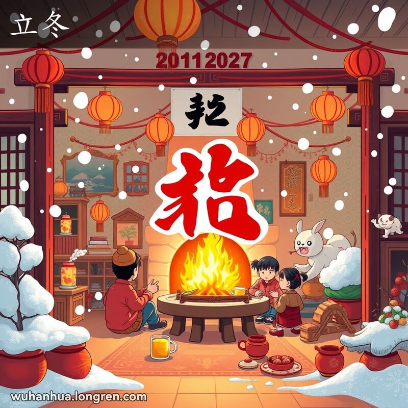 传统中国日历上的“冬”字，周围飘落雪花，背景是温馨的室内场景，家庭围绕壁炉享受热茶和小吃。