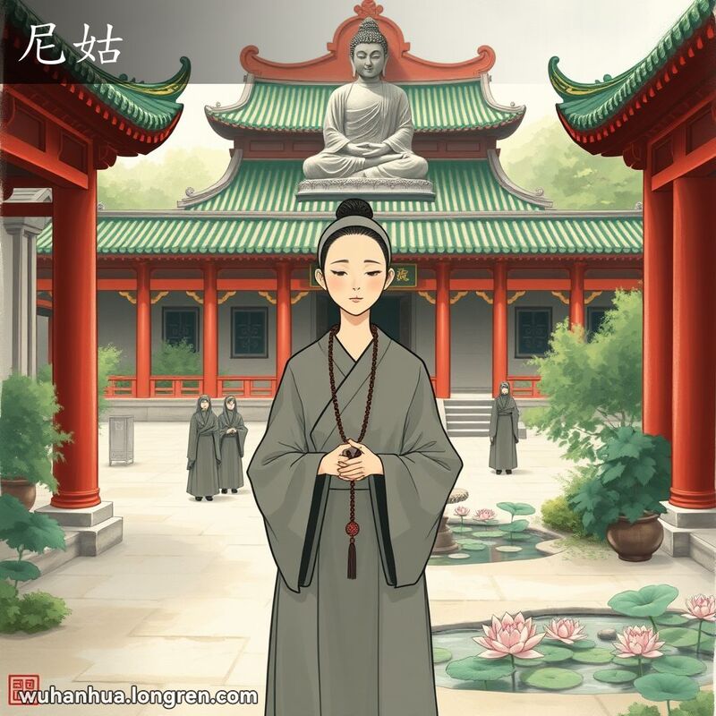 一位身穿灰色僧袍的佛教尼姑手持念珠，站在传统中国佛教寺庙庭院中，背景有红色柱子、绿色瓦片和大佛像。