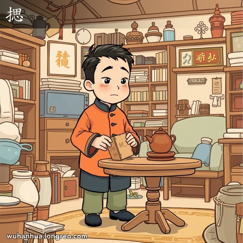 一位男子在房间里用木块稳定摇晃的桌子，背景是温馨的武汉家庭环境