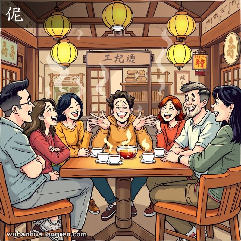 一群朋友在武汉传统茶馆里围坐在桌旁，欢笑交谈，其中一人手舞足蹈地讲述着什么，背景有木质家具和灯笼。