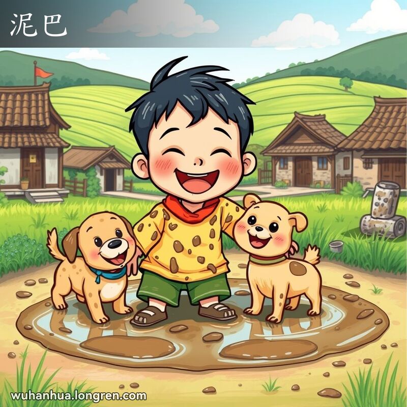 一个孩子在泥坑中玩耍，全身沾满泥巴，旁边有一只泥巴小狗，背景是中国乡村景象