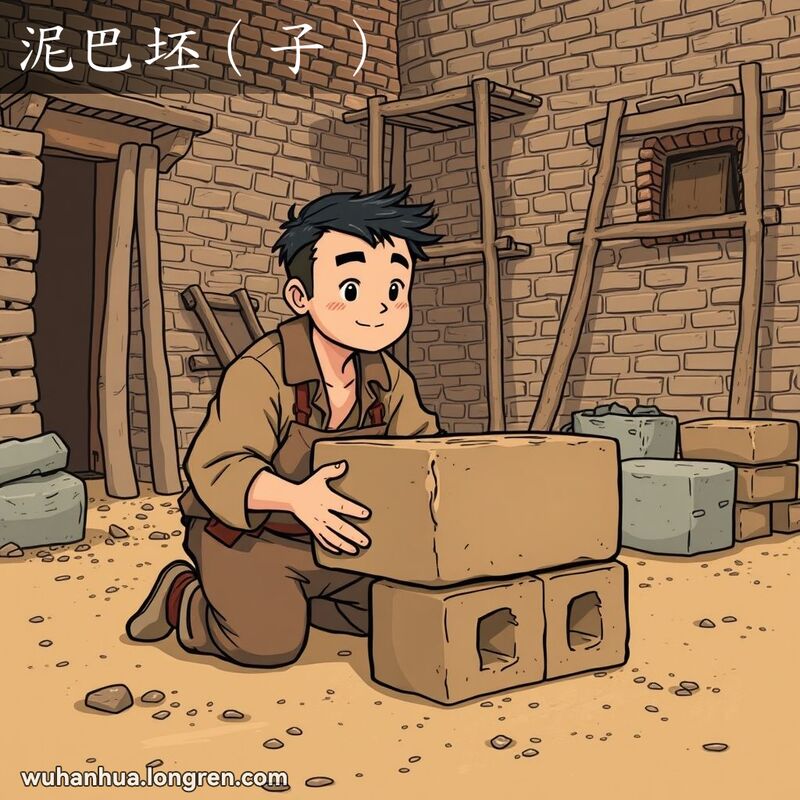 一个工人在武汉建筑工地上用木质模具制作泥巴坯，背景是老旧的砖墙和脚手架