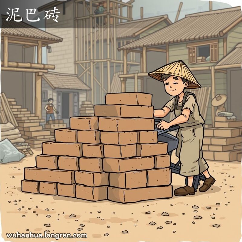 一位工人在武汉建筑工地上将未经烧制的泥巴砖放到手推车上，背景是传统的中国乡村建筑工地