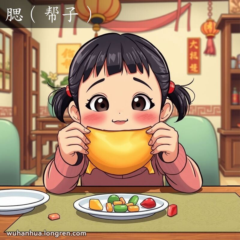 一位武汉小女孩坐在餐桌前，嘴里含着糖果，腮帮子鼓鼓的，显得可爱调皮，背景是温馨的家庭环境。