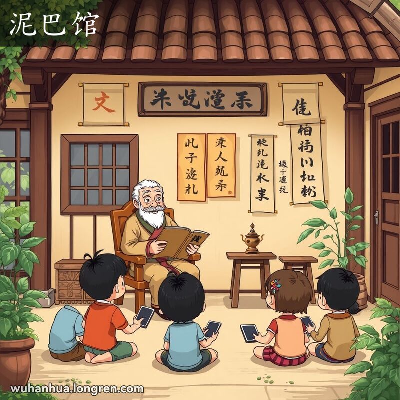 一位老师在武汉传统私塾“泥巴馆”里教导孩子们，背景有书法挂轴和香炉。