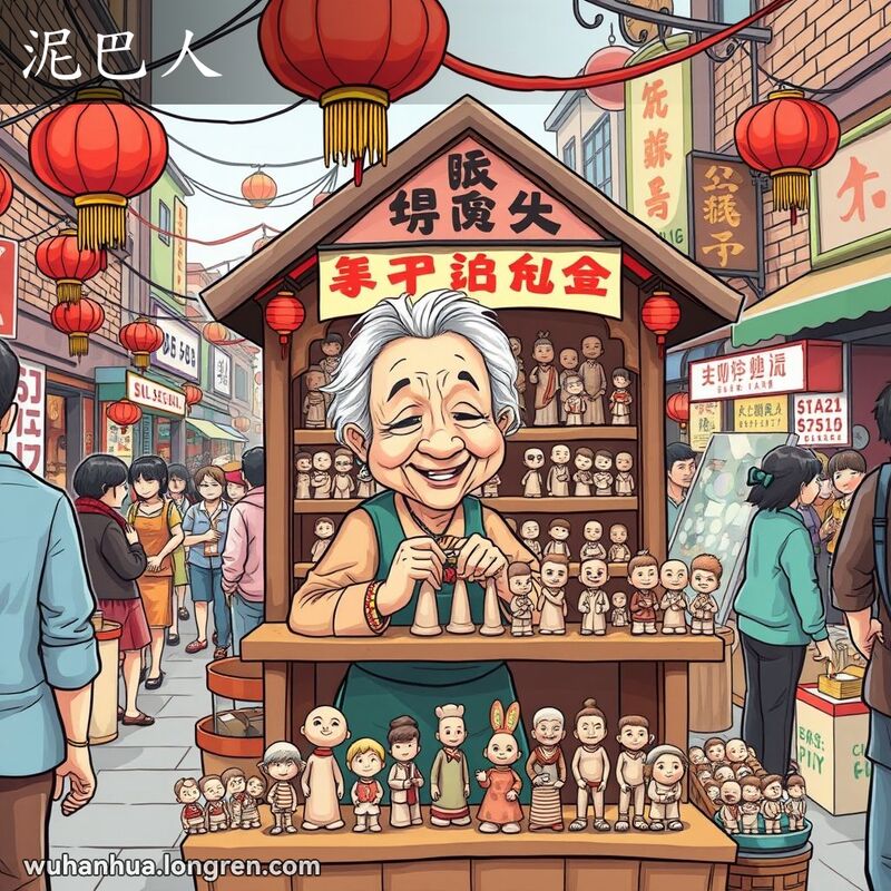 武汉街头市场上，老奶奶在摊位前用黏土捏制泥巴人，背景是传统的红灯笼和招牌