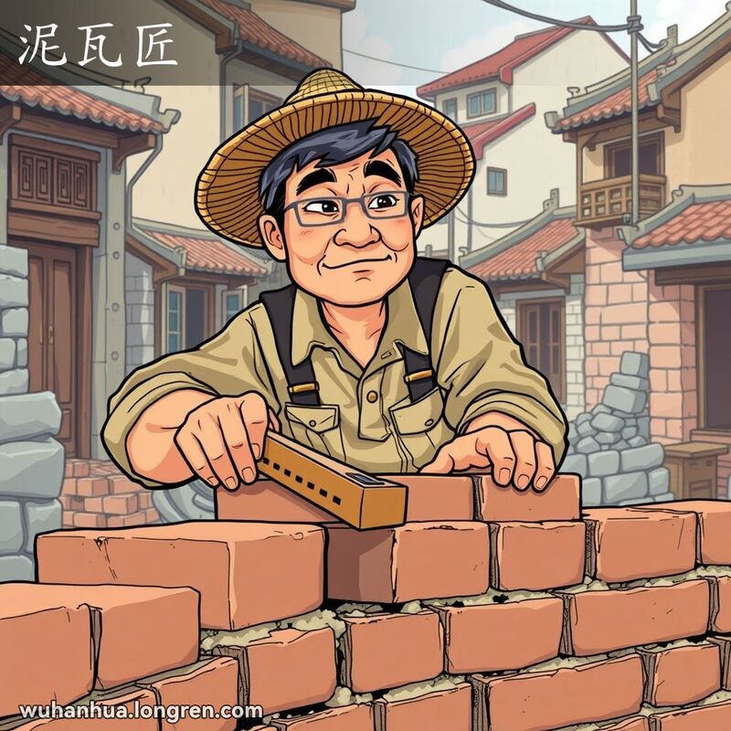 一位武汉瓦匠在施工现场砌墙，背景是武汉老街和传统建筑