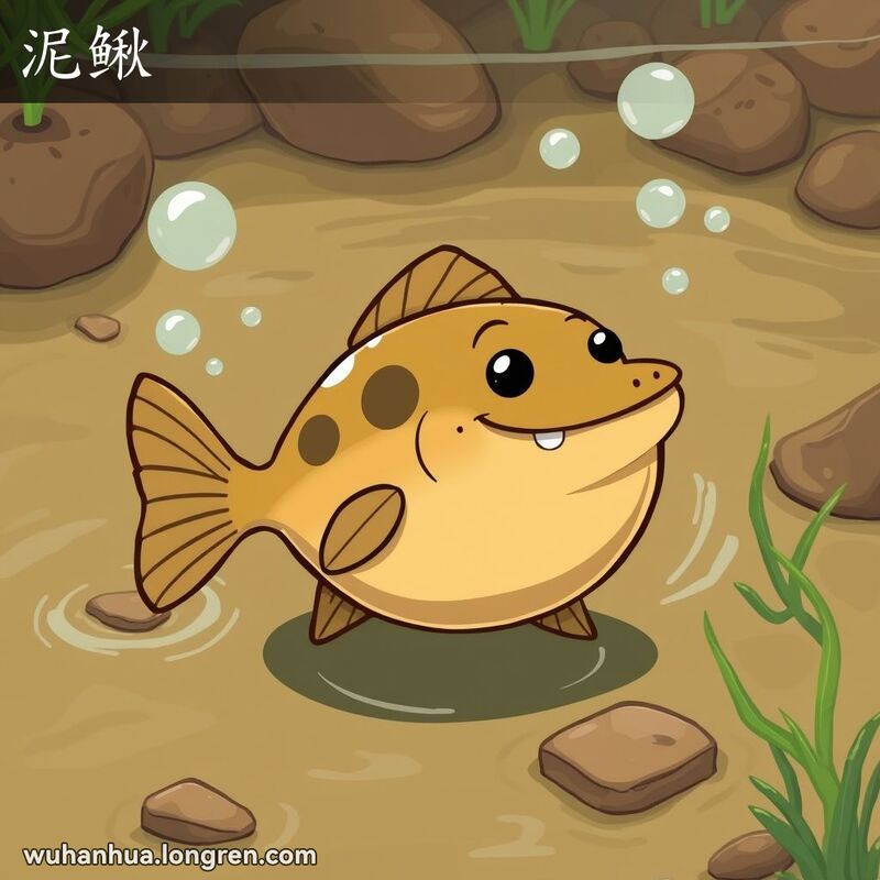 一条泥鳅在浑浊的水中游动，背景是泥泞的河床和水生植物