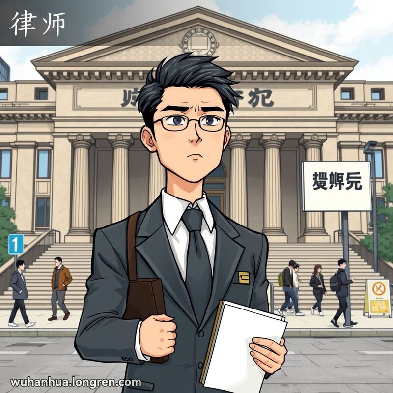 一位律师站在法院前，手持法律文件，表情严肃自信，背景是武汉的宏伟法院建筑和匆匆行人