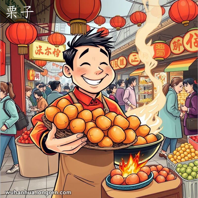 武汉街头市场，摊主卖刚烤好的栗子，背景有其他摊贩和行人