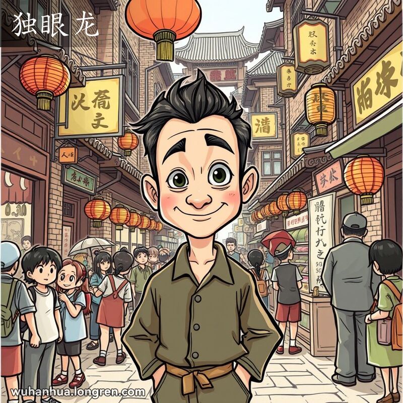 一位独眼男子站在武汉老街中央，周围是忙碌的摊贩和好奇的路人，背景是传统建筑和中国风灯笼。