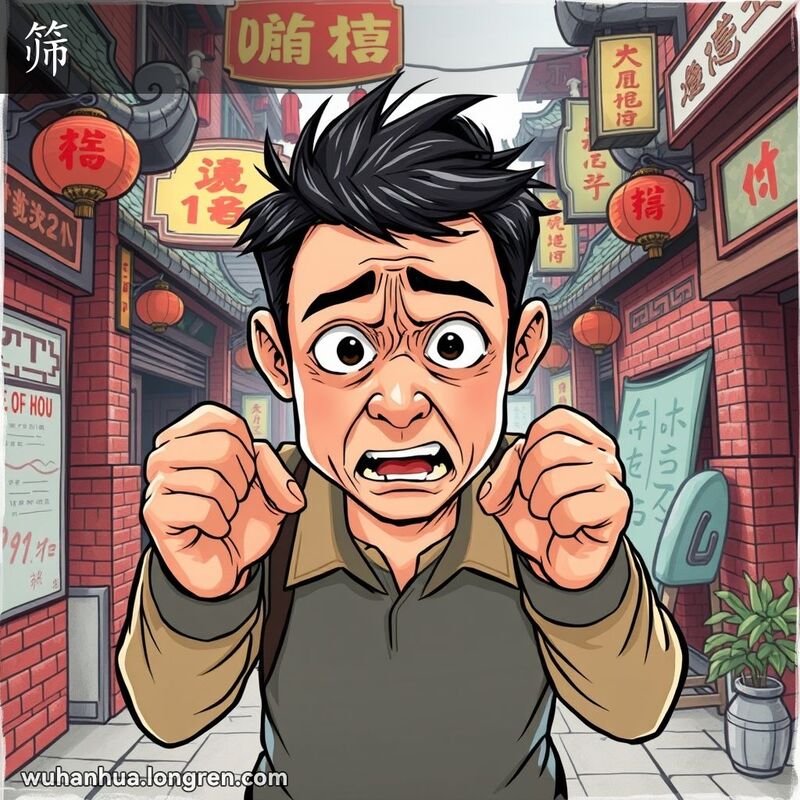 一位武汉市民在老街景中因生气或害怕而全身发抖，背景有红砖墙和旧式招牌