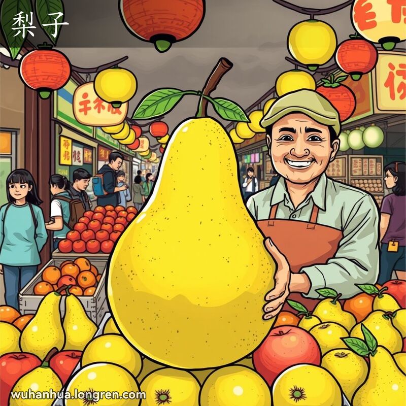 武汉街头水果摊，摊主手持大而多汁的梨子，背景是热闹的市场活动