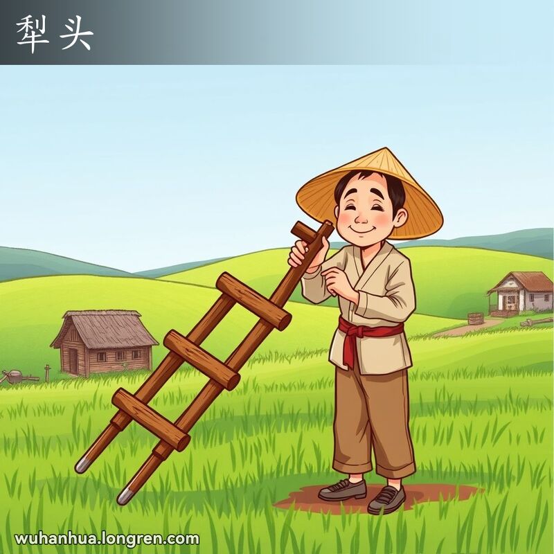 一位武汉农民在田间手持犁头劳作，背景是绿油油的田野和农舍