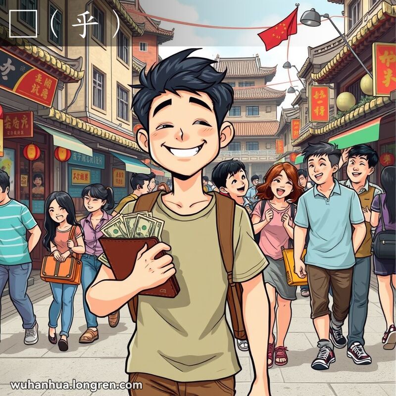 一位年轻人在武汉街头悠闲行走，手拿钞票，脸带笑容，背景是朋友们在聊天和欢笑，画面充满生活气息和轻松氛围。