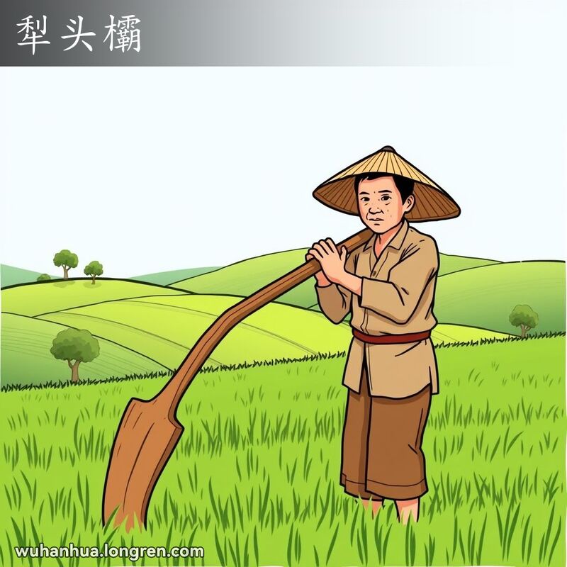 一位中国农民在田野中使用木犁耕作，双手紧握犁的长柄，背景是乡村景色