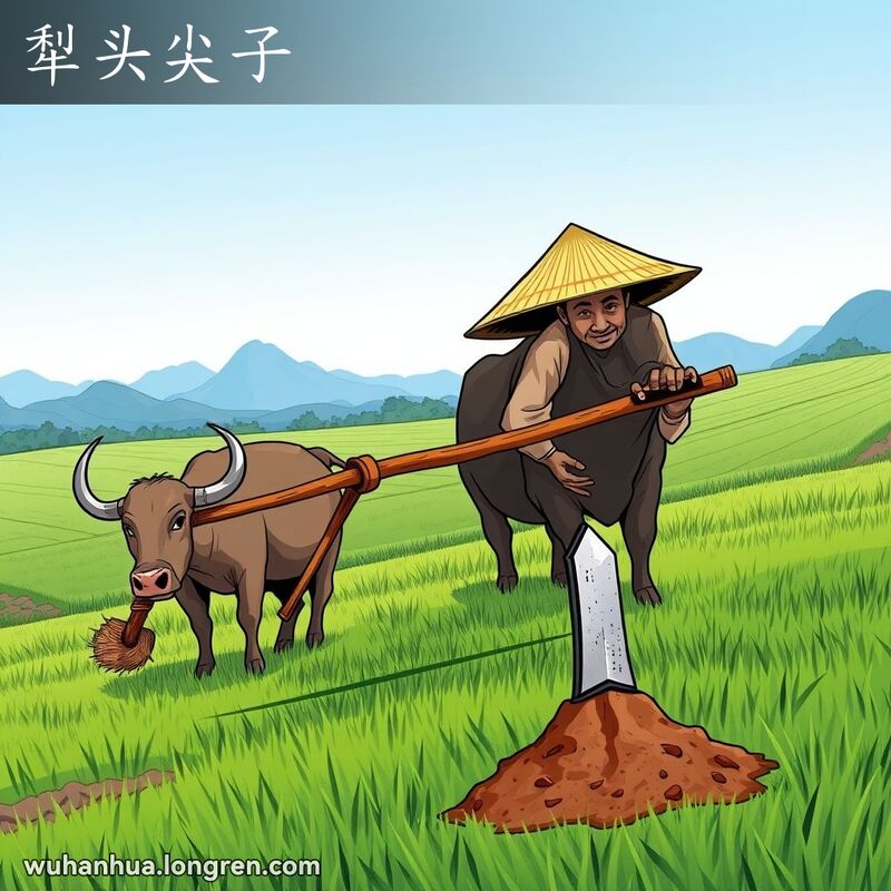 一位农民在田间使用水牛犁耕田，犁铧的三角形金属部分切割土壤，背景是绿色田野和蓝天