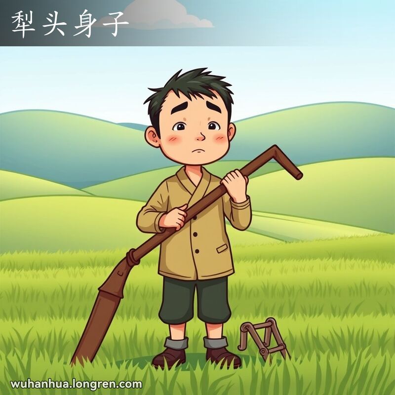 一位中国农民站在田野中，手持一把没有铧的犁，背景是绿油油的田野和蓝天
