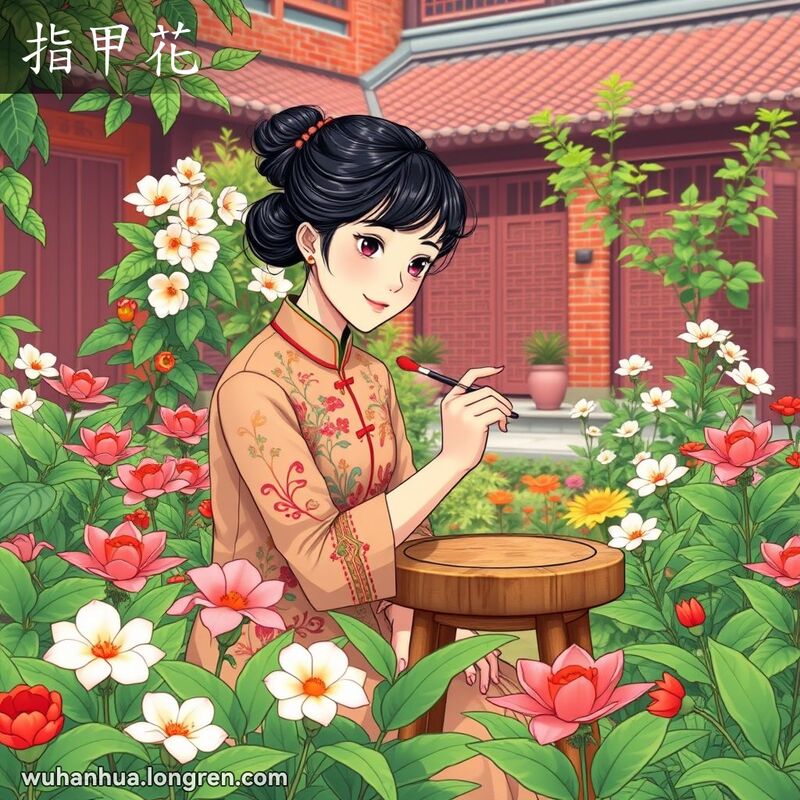 一位身穿旗袍的年轻女子在花园中用凤仙花瓣汁液为指甲上色，背景是武汉老院子
