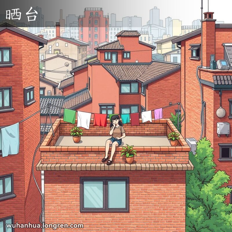 一栋传统武汉住宅楼的楼顶上有一个小型露天平台，晾衣绳上挂满衣物，妇女坐在小凳子上享受微风和城市景色。