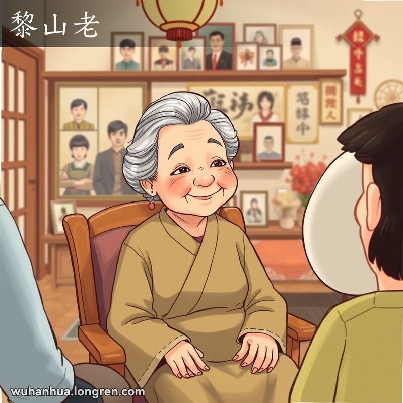 一位年长的妇女坐在温馨的武汉家庭客厅中，脸上带着慈祥的微笑，背景是老照片和传统装饰。