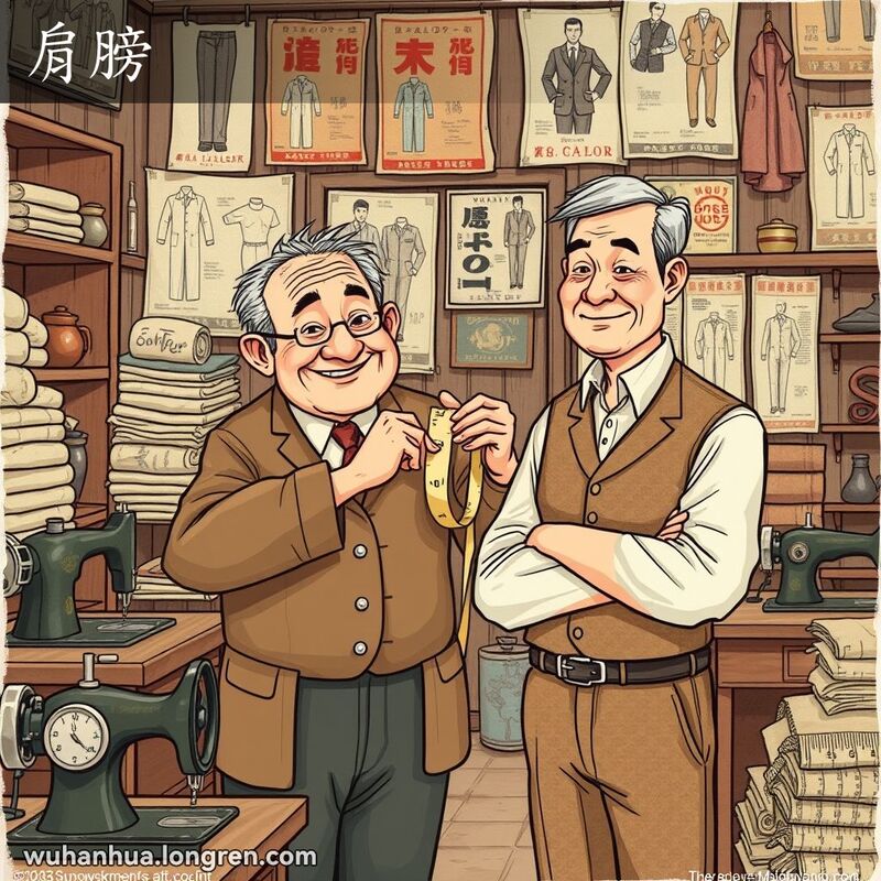 老裁缝在武汉裁缝店里量度顾客的肩膀，背景有老式缝纫机和布匹。