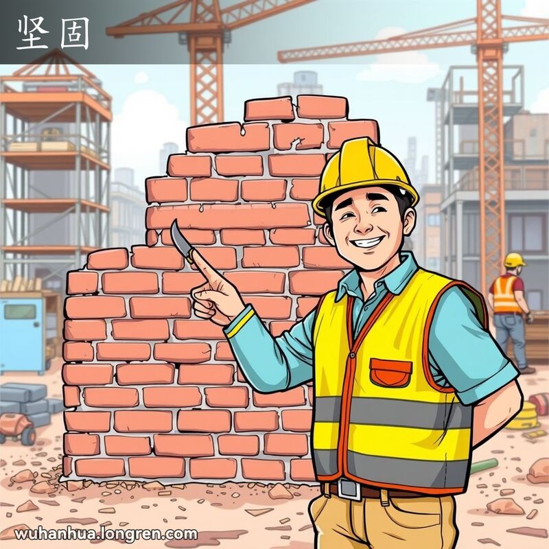 一位武汉建筑工人站在坚固的砖墙前，手持抹刀指向墙体，背景是繁忙的施工现场