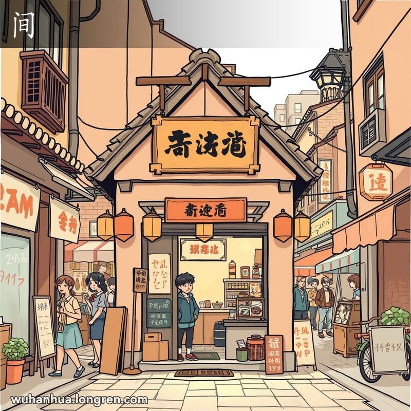 一条传统的武汉街道，一家小巧的店铺夹在两栋较大的建筑之间，店主站在门口迎接顾客，背景有其他店铺和行人