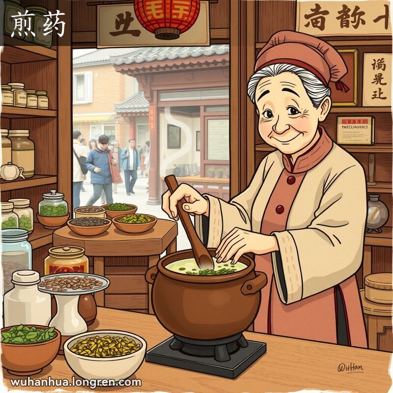 一位老妇人在中药店里煎药，背景是药材和老街景