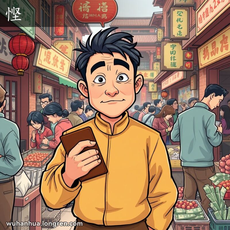 一位武汉男子在市场中紧握钱包，面露小气表情，周围是忙碌的摊贩和讨价还价的人群，背景是武汉老街景