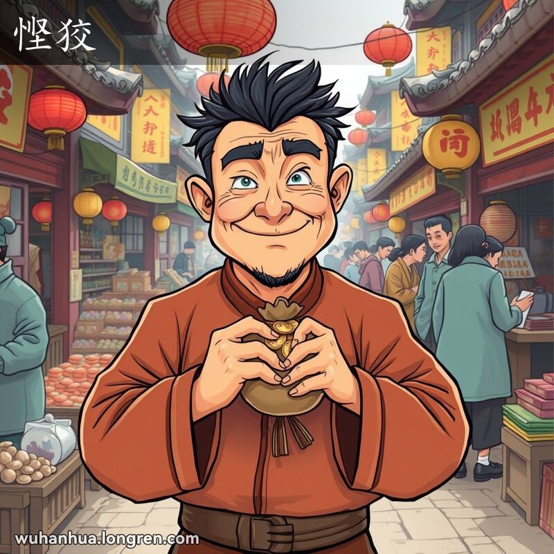 一位穿着传统中式服装的男子在武汉老市场中紧抱硬币，脸上带着狡猾的微笑，背景是热闹的市场。