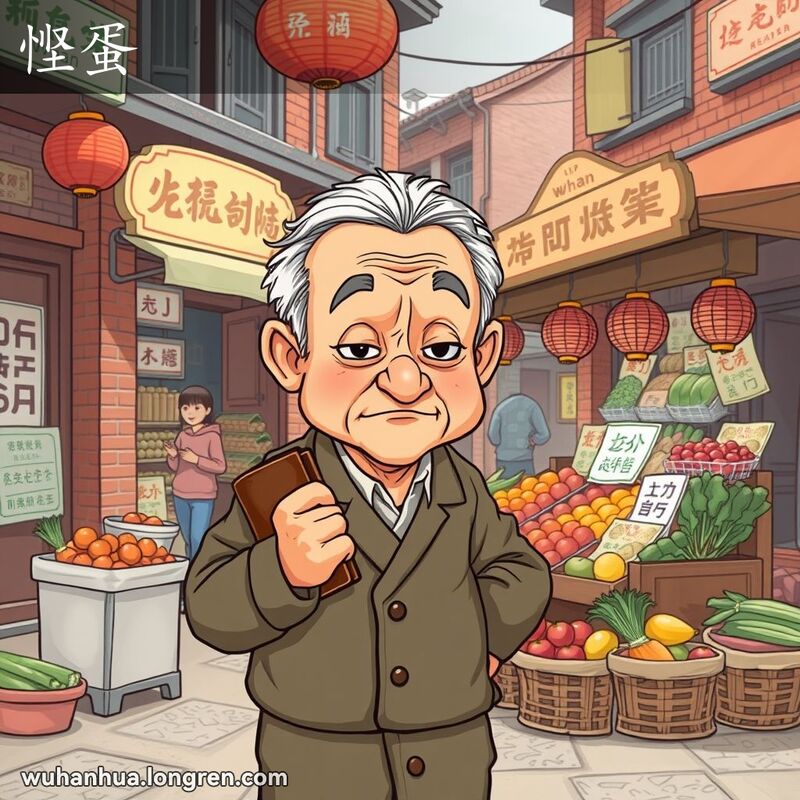 一位小气的老人在武汉街市摊位前紧握钱包，面露犹豫表情，背景是繁忙的武汉老街景