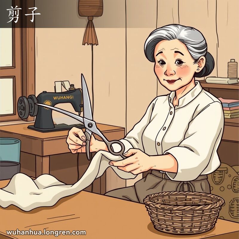 一位中年妇女在家中手持剪刀准备剪布料，背景有老式缝纫机和线轴