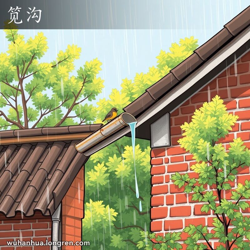 传统武汉老房子的屋檐下有一条用铁皮制成的排水沟，背景是绿树和蓝天。