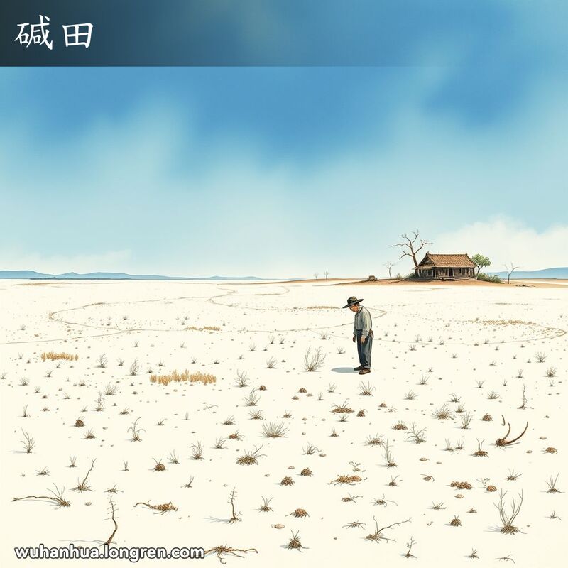 一片广阔的盐碱地，土壤呈现出明显的白色，农民站在田间检查土壤，背景有矮小的树木和简陋的农舍。