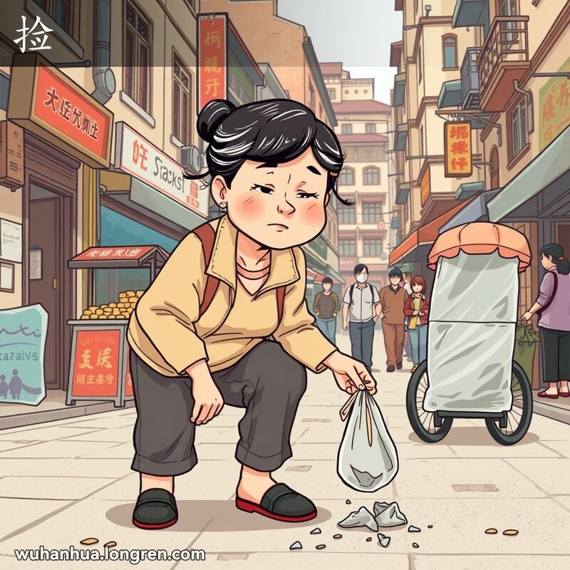 一位中年妇女在武汉老街区弯腰捡拾垃圾，背景有小摊贩和行人，展现日常生活场景。