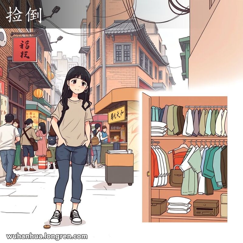 一位年轻女子在武汉街头捡起硬币，背景是繁忙的老街景；女子在家中整理衣物。