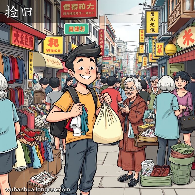 一位年轻男子在武汉街头市场购买二手衣物，摊主是一位微笑的老妇人，背景是热闹的市场景象。