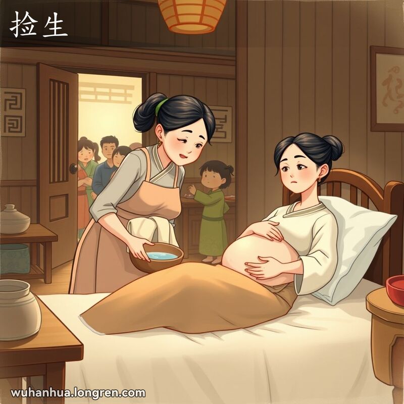 一位中年妇女在传统武汉家庭中帮助孕妇分娩，背景是温馨的房间和焦急等待的家人。