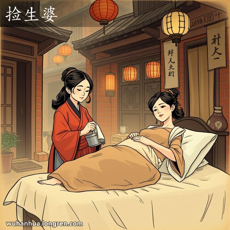 一位中年女性在武汉老街的房间里帮助孕妇分娩，背景有传统装饰，画面温馨。
